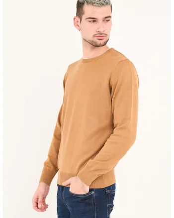 Pulover tricotat fin cu model uni, Maro camel