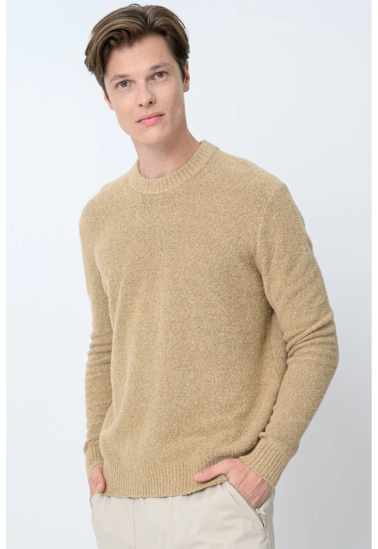Pulover relaxed fit cu decolteu la baza gatului, Maro camel