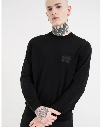 Pulover slim fit din amestec de lana cu aplicatie logo, Negru