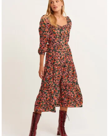 Rochie cu model floral si maneci bufante, Verde/Coral/Portocaliu mandarina
