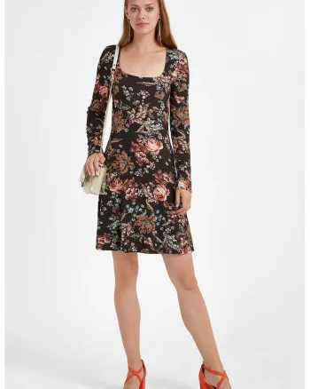 Rochie cu decolteu patrat si imprimeu, Verde/Negru/Rosu stins