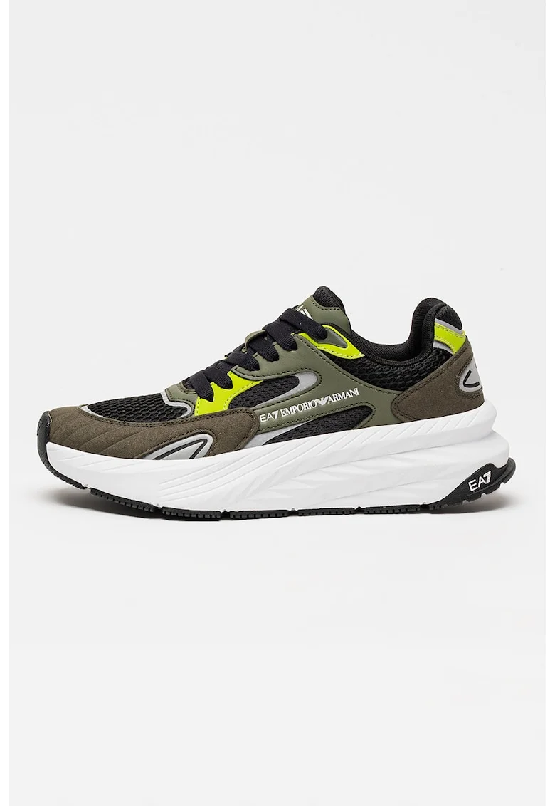 Pantofi sport low-cut cu insertii din plasa si model unisex, Negru/Verde inchis