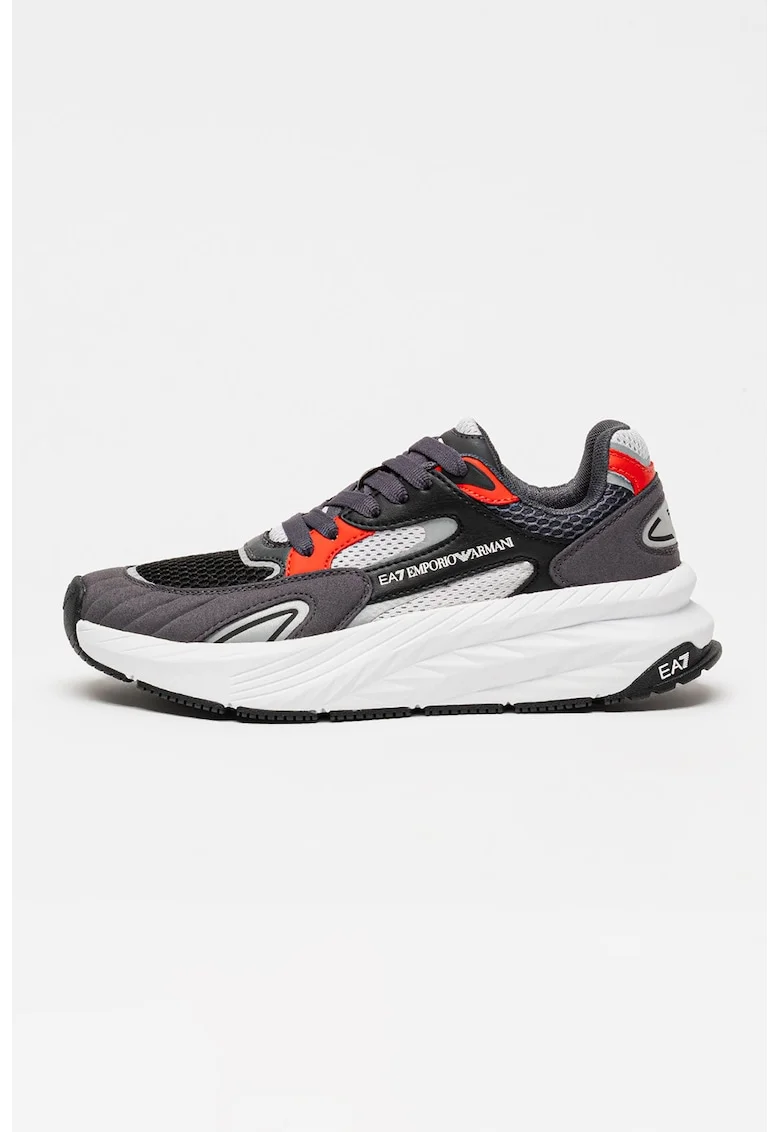 Pantofi sport low-cut cu insertii din plasa si model unisex, Rosu/Negru/Gri antracit
