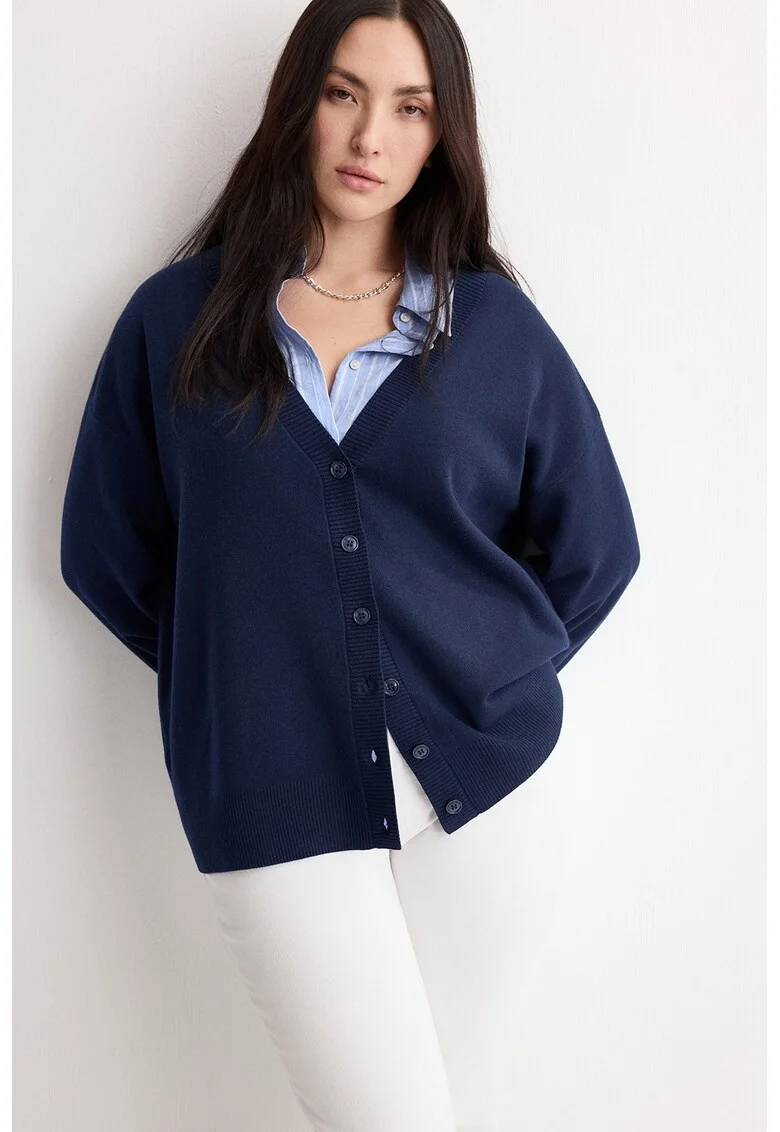 Cardigan cu decolteu in V si maneci cazute, Bleumarin