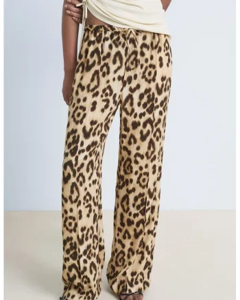 Pantaloni vaporosi cu animal print, Maro inchis/Maro camel