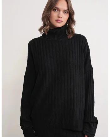 Pulover dama,  Guler inalt, Tricot, Negru