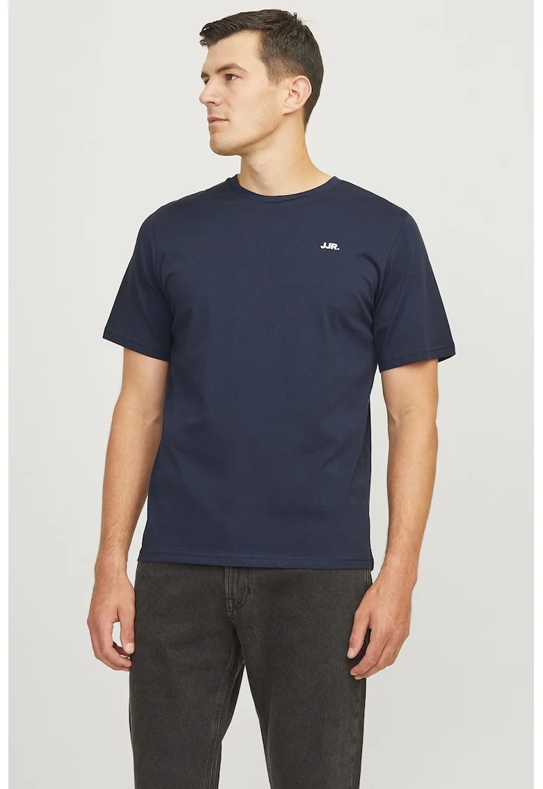 Tricou de bumbac cu decolteu la baza gatului, Bleumarin