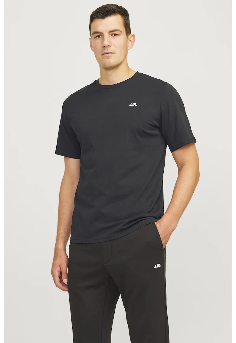 Tricou de bumbac cu decolteu la baza gatului, Negru