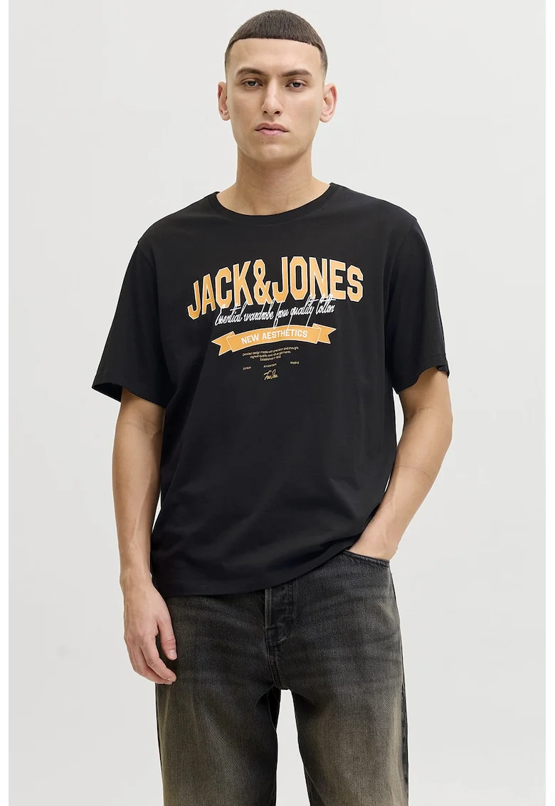 Tricou de bumbac organic cu imprimeu logo pe piept, Negru/Portocaliu