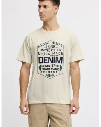 Tricou din amestec de bumbac cu imprimeu text, Crem