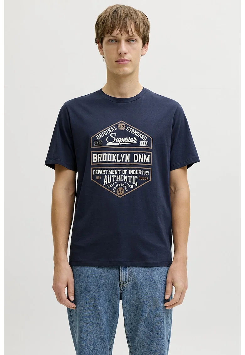 Tricou din amestec de bumbac cu imprimeu text, Bleumarin