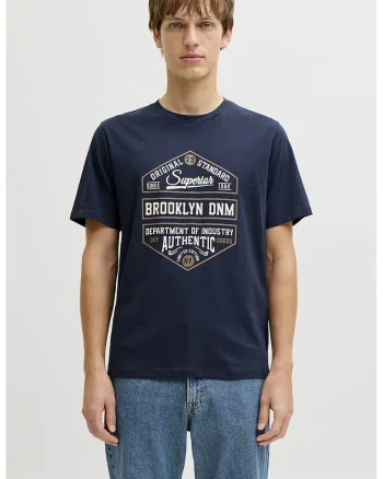 Tricou din amestec de bumbac cu imprimeu text, Bleumarin