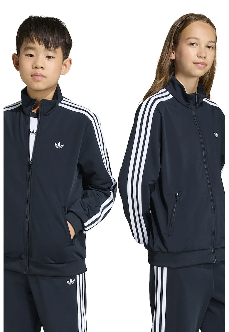 Bluza de trening cu guler inalt si benzi contrastante, Alb/Negru