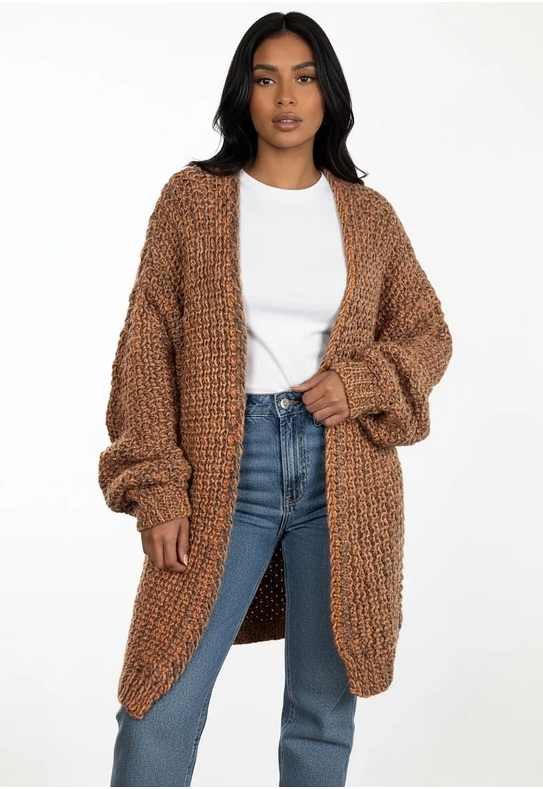 Cardigan  portocaliu-ruginiu, tricotaj gros, croiala oversize, fara inchidere, pentru zile racoroase