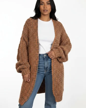 Cardigan  portocaliu-ruginiu, tricotaj gros, croiala oversize, fara inchidere, pentru zile racoroase