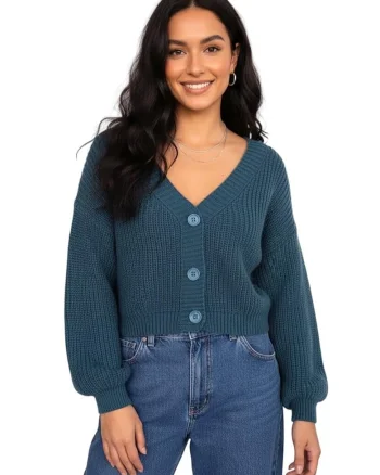 Cardigan dama,  verde marin, tricotaj sintetic, decolteu in V, maneci lungi