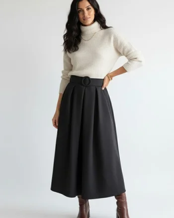 Fusta midi M1255,  Poliester/Viscoza, Negru
