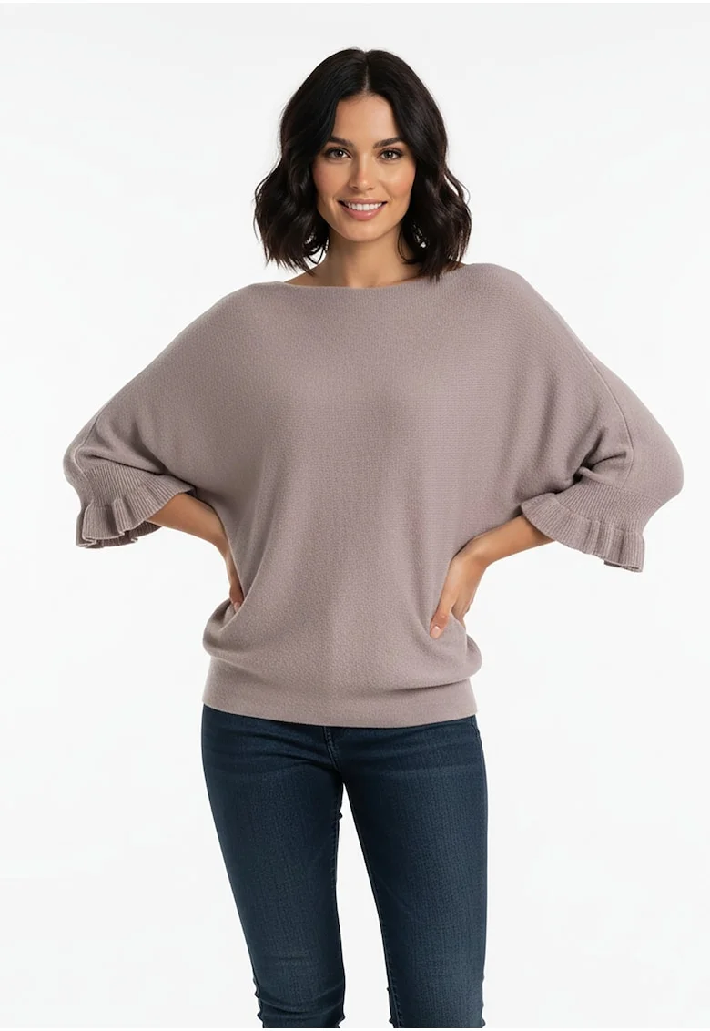 Pulover dama  tip liliac, maneci 3/4 cu volane, maro, tricot sintetic