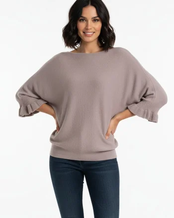 Pulover dama  tip liliac, maneci 3/4 cu volane, maro, tricot sintetic