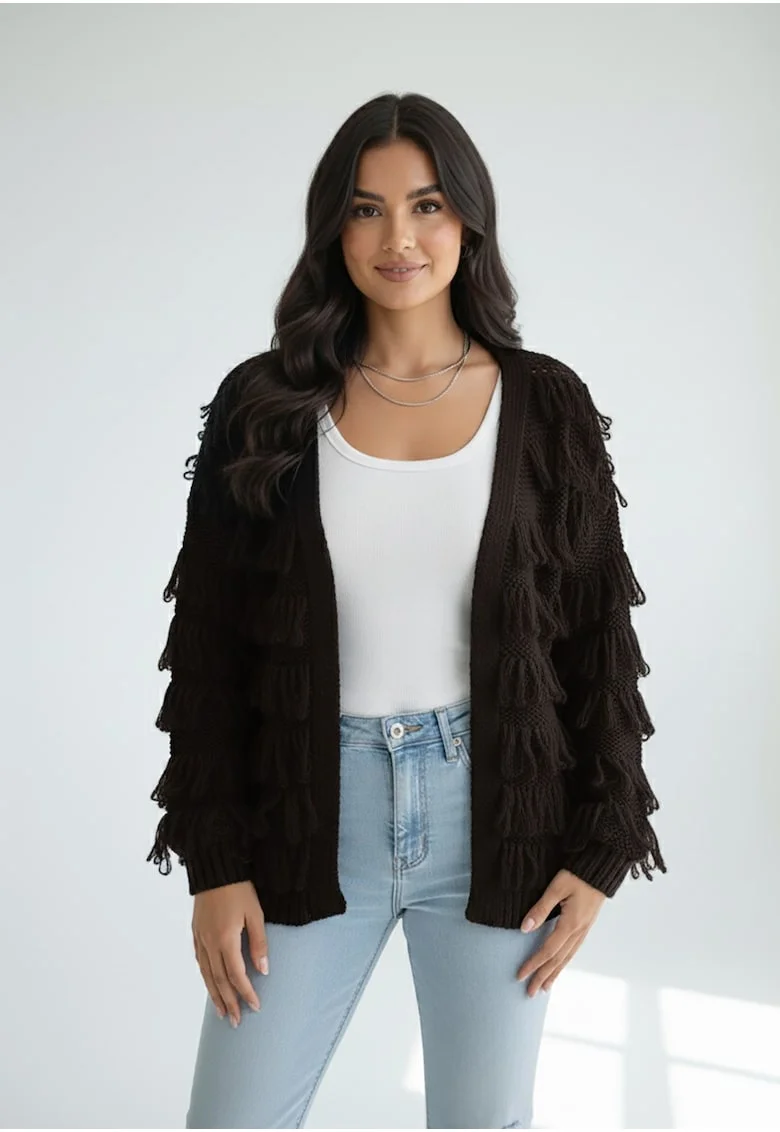 Cardigan  cu franjuri, casual, maro, tricot gros