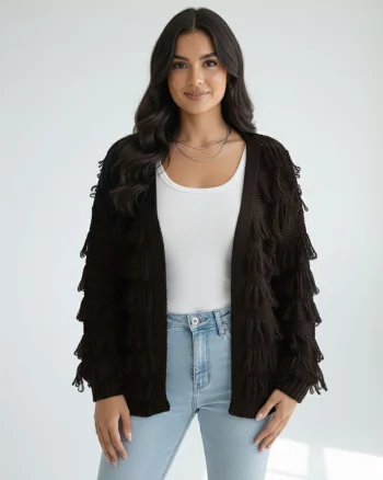 Cardigan  cu franjuri, casual, maro, tricot gros