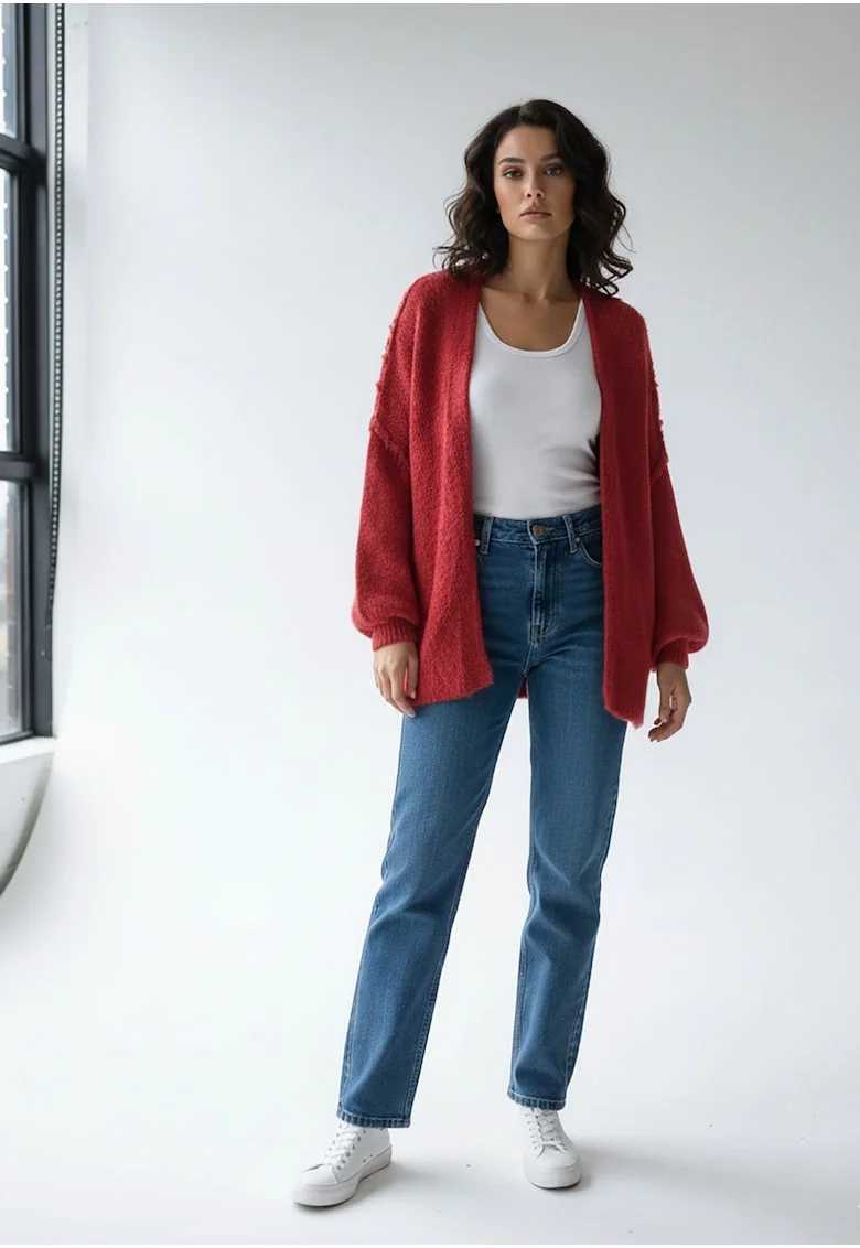 Cardigan dama,  rosu, croiala lejera, maneci bufante, tricot moale