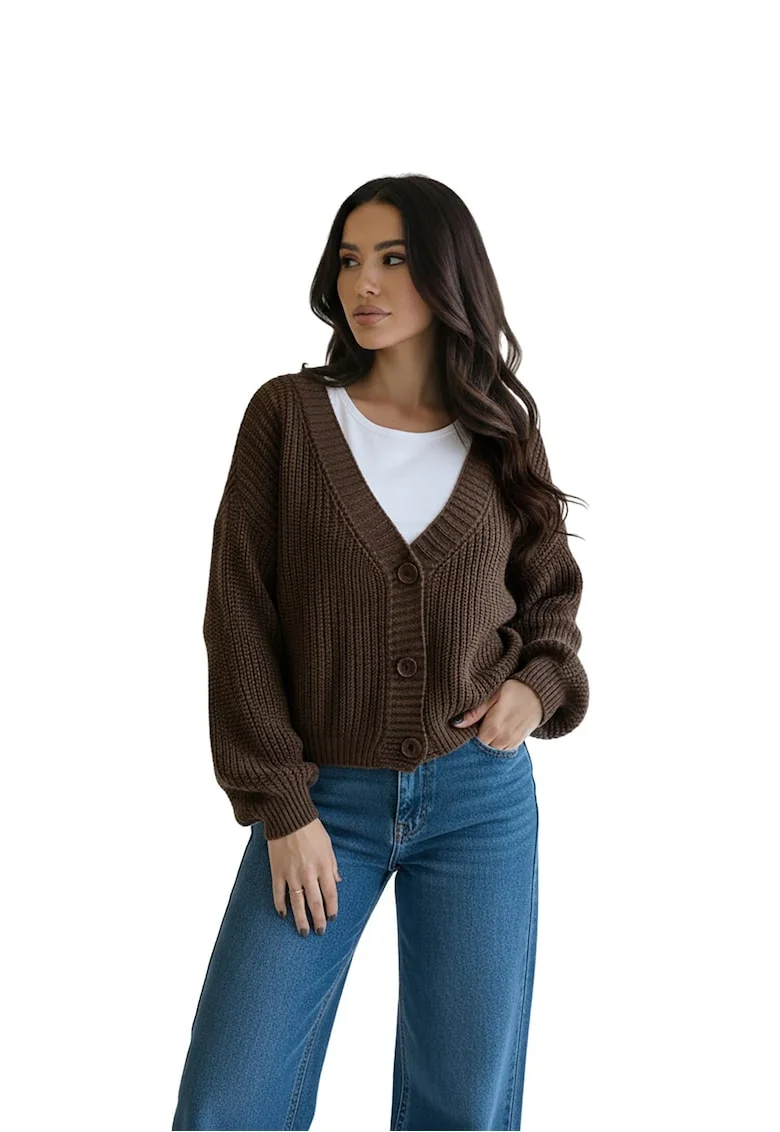 Cardigan dama,  scurt, cu nasturi, decolteu in V, maneci lungi, maro, tricot acrilic