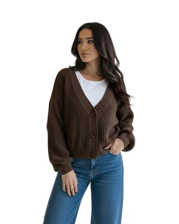 Cardigan dama,  scurt, cu nasturi, decolteu in V, maneci lungi, maro, tricot acrilic