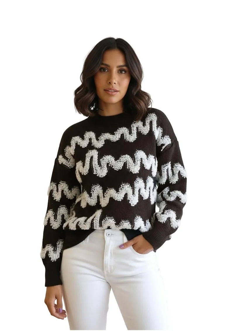 Pulover dama,  croiala lejera, modele ondulate crem, negru, tricot acrilic