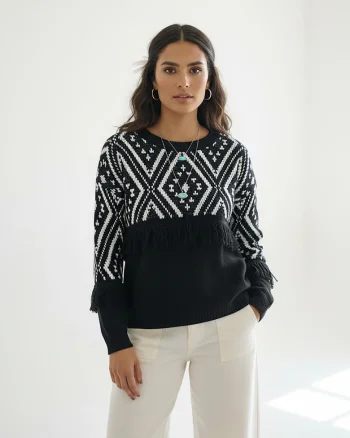 Pulover boho,  negru, cu franjuri, tricotaj sintetic