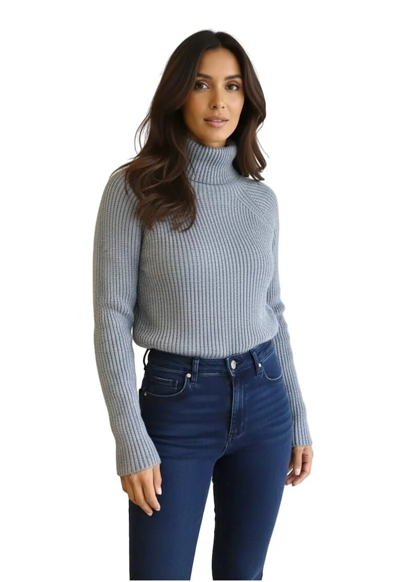 Pulover dama,  gri, croiala clasica, guler inalt, tricot moale