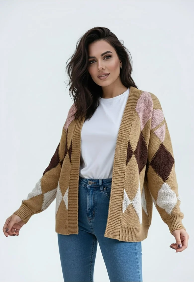 Cardigan dama  bej, tricot sintetic, model cu romburi, croiala lejera, fara inchidere