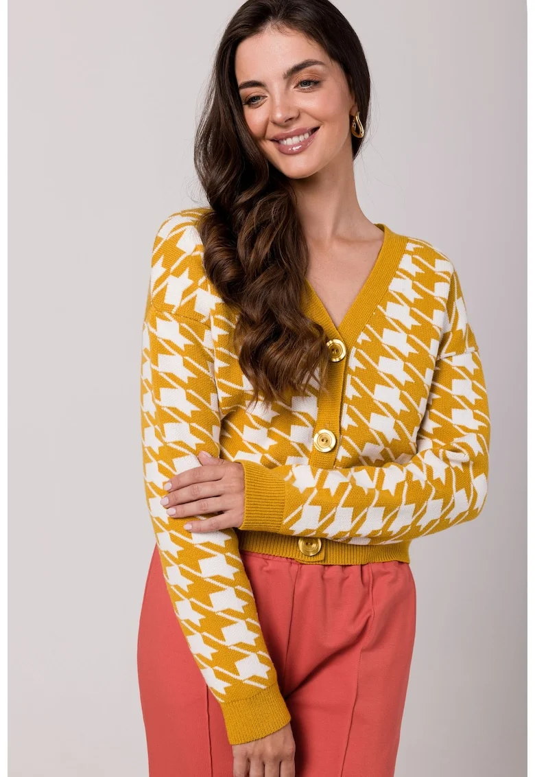 Cardigan scurt pentru femei,  BK104, Miere, cu nasturi, Galben