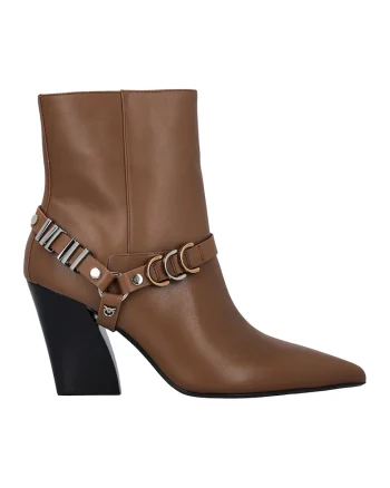 Botine de piele cu detalii metalice, Maro inchis