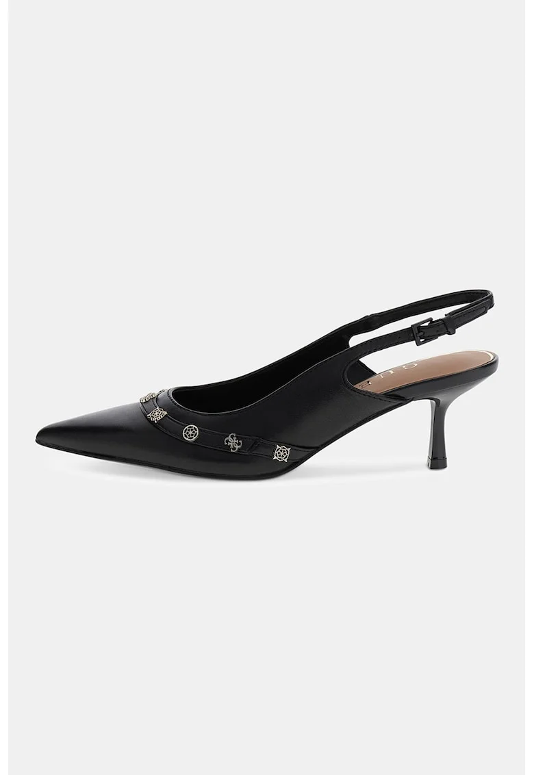 Pantofi slingback din piele cu varf ascutit si garnituri din piele ecologica, Negru