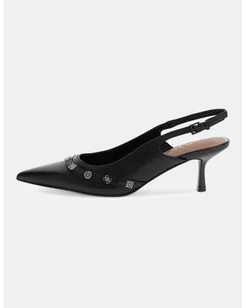Pantofi slingback din piele cu varf ascutit si garnituri din piele ecologica, Negru