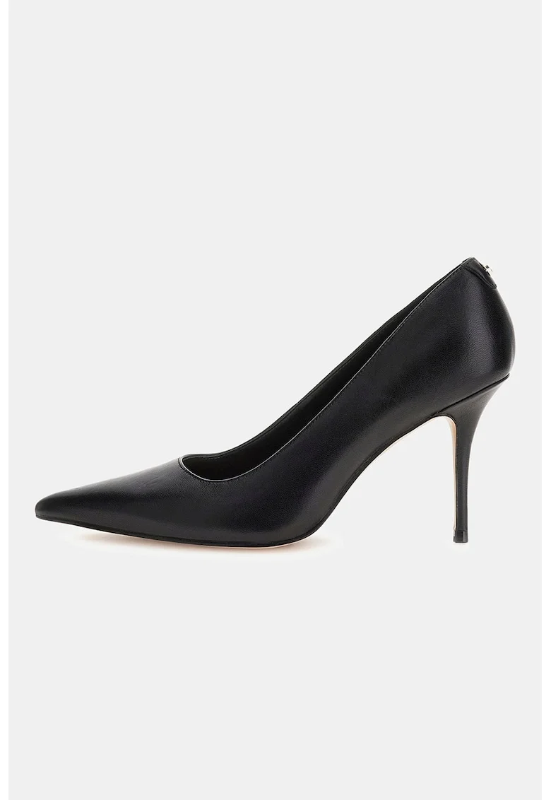 Pantofi de piele cu toc stiletto si aplicatie monograma discreta, Negru
