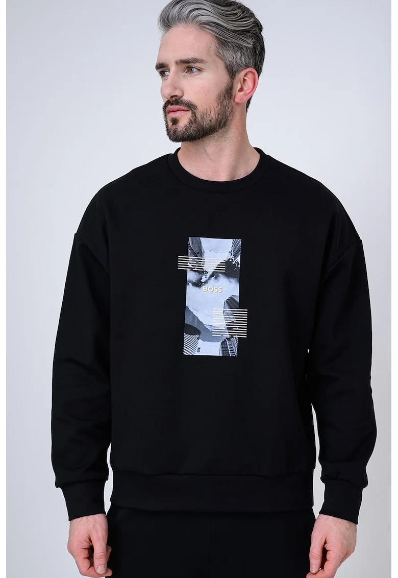 Bluza de trening cu decolteu la baza gatului si imprimeu logo, Negru/Albastru