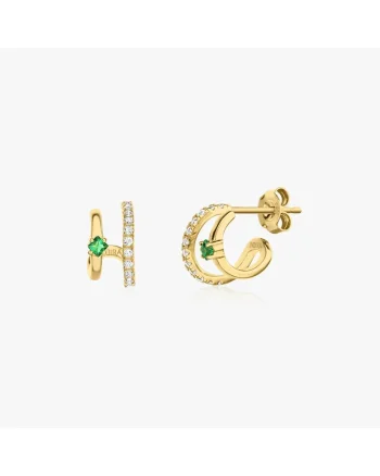 Cercei din argint,  Golden Double, zirconiu si alpanit verde, placaj de aur 14K, dimensiune compacta