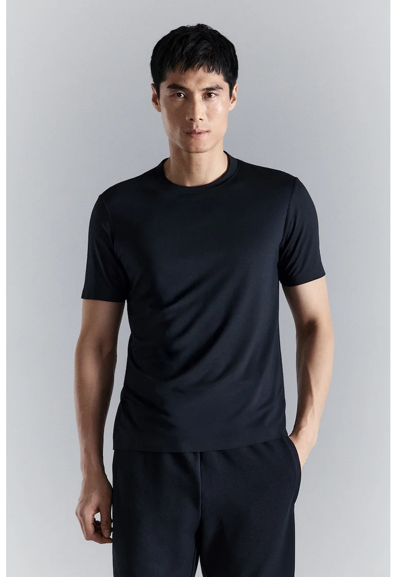 Tricou cu decolteu la baza gatului si model uni, Albastru ultramarin