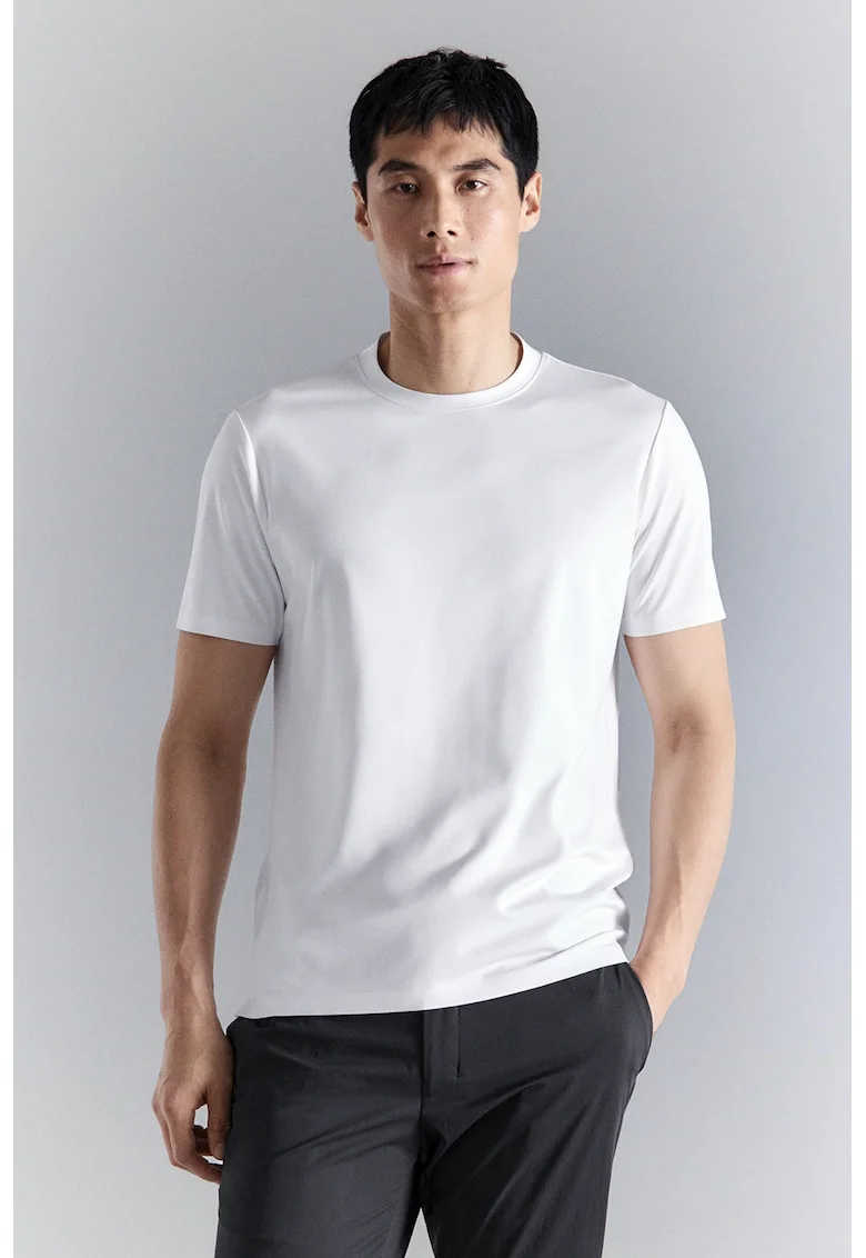 Tricou cu decolteu la baza gatului si model uni, Alb optic