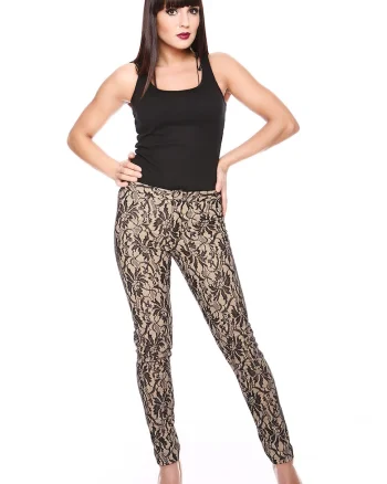 Pantaloni slim fit cu aspect din dantela, Negru/Bej