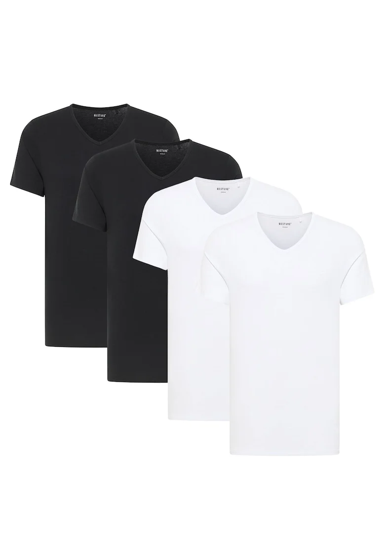 Set de tricouri din amestec de bumbac organic cu decolteu in V - 4 piese, Alb/Negru