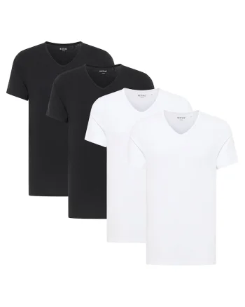 Set de tricouri din amestec de bumbac organic cu decolteu in V - 4 piese, Alb/Negru
