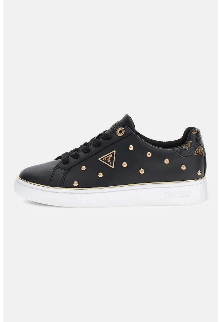 Pantofi sport din piele ecologica cu nituri si aplicatii logo, Negru