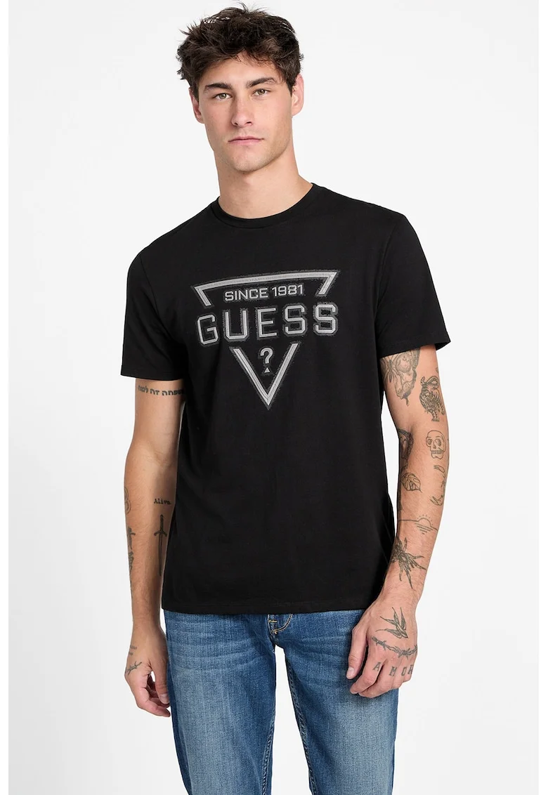 Tricou din bumbac cu imprimeu logo, Negru/Alb murdar