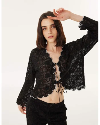 Jacheta semitransparenta cu imprimeu floral, Alb/Negru