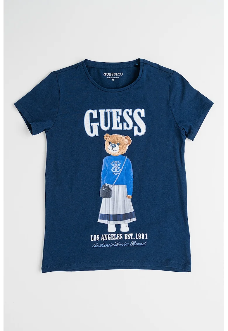 Tricou din amestec de bumbac cu logo si imprimeu grafic, Alb/Maro/Albastru