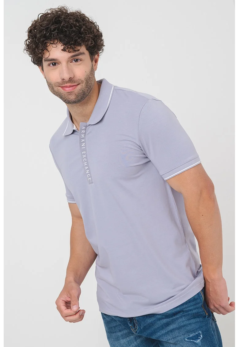Tricou polo cu fenta cu fermoar, Alb/Lila pal