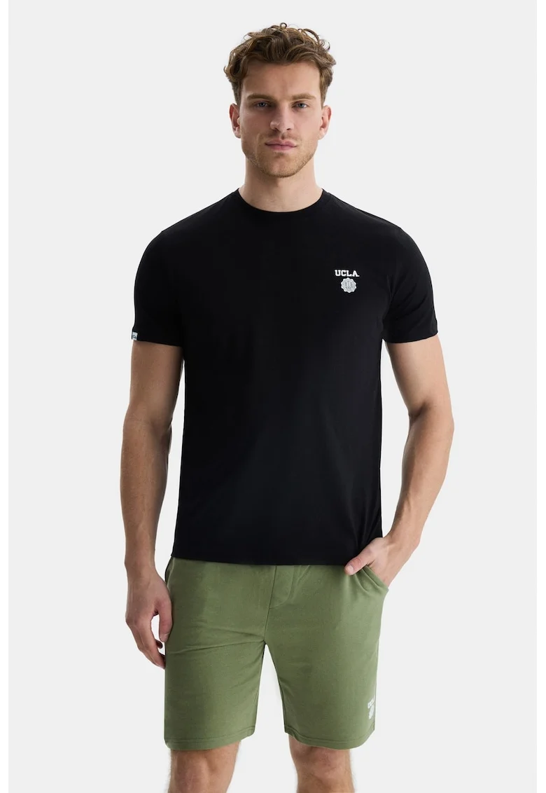 Tricou de bumbac cu decolteu la baza gatului, Negru